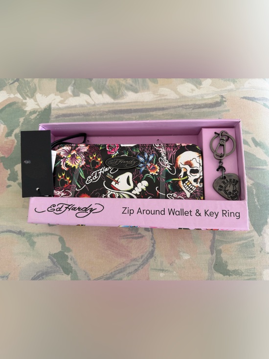 Ed Hardy Handbags - Ed Hardy Black Floral & Skull Zip-Around Wallet with Key Ring